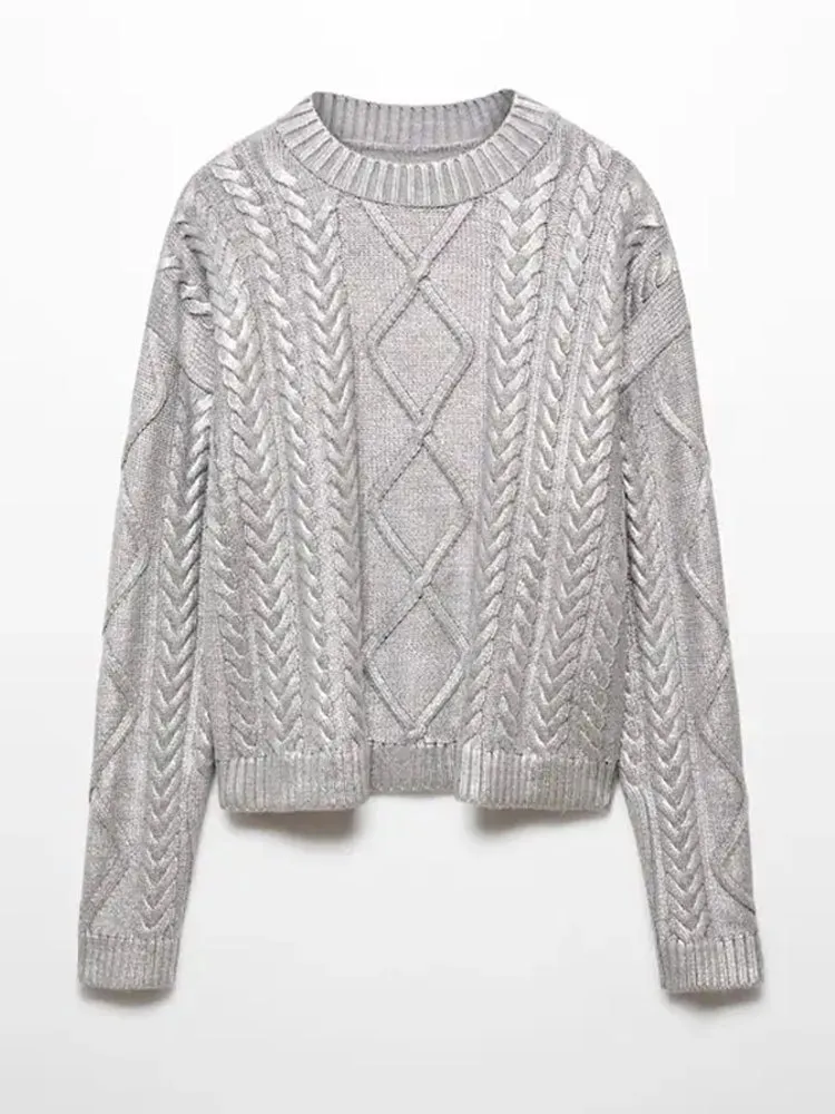 Fashion Metal Rib Twisted Sweater Pullover - Light Silver