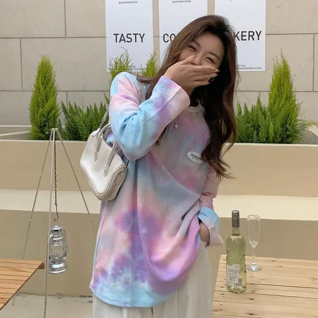 Personalized Tie dyed Printed Letter Labeling Long sleeved T shirt Sweater Purple - Shop at LoveMi
