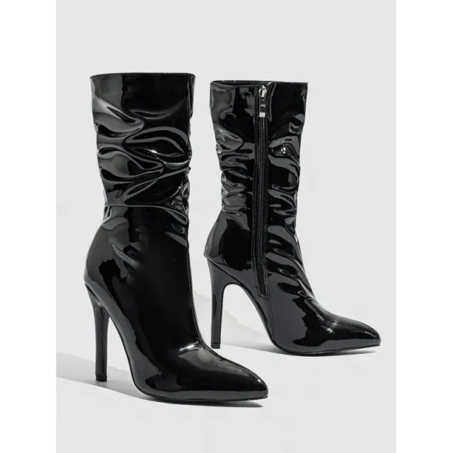 Patent Leather High Heel Pointed Stiletto Heel Pile Style Boots Black - Shop at LoveMi