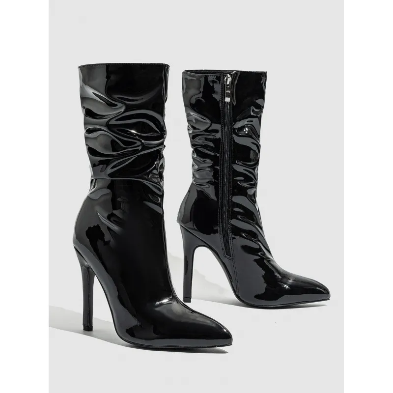 Patent Leather High Heel Pointed Stiletto Heel Pile Style Boots - Black