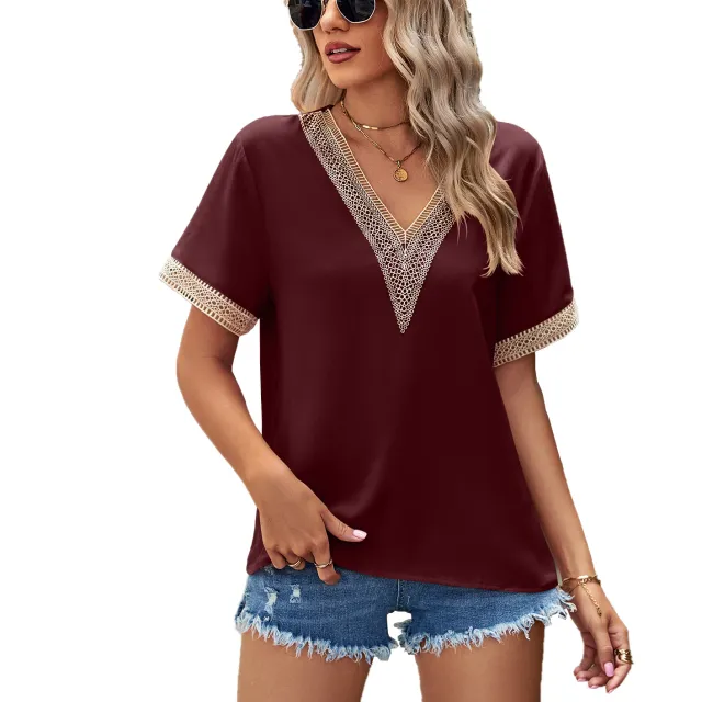 Women's Fashion Simple Lace V neck Patchwork Solid Color Underwear Top Red - Shop at LoveMi