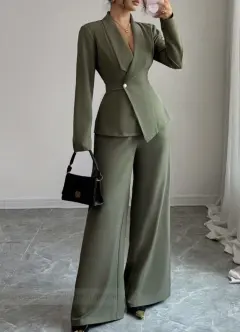 Solid-colour Long-sleeve Straight-leg Pants Set For Women - Olive Green - View 1