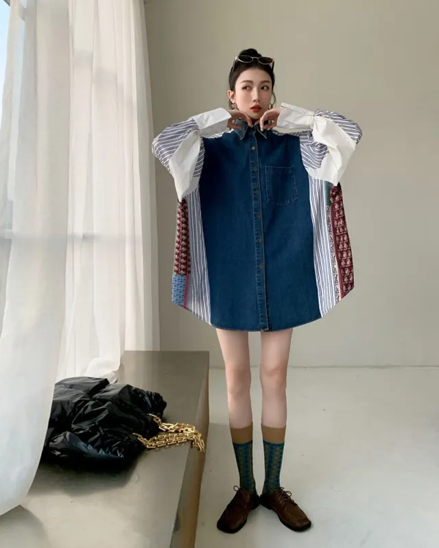 Women's Denim Patchwork Pattern Shirt Dress Loose Korean Style Color Matching - Shop at LoveMi
