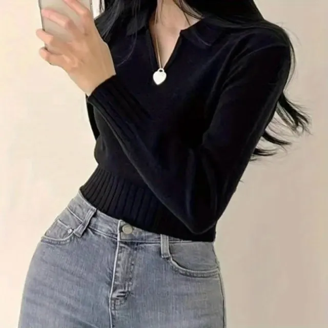 Korean Simple Slim Lapel Bottoming Knitted Sweater Black - Shop at LoveMi
