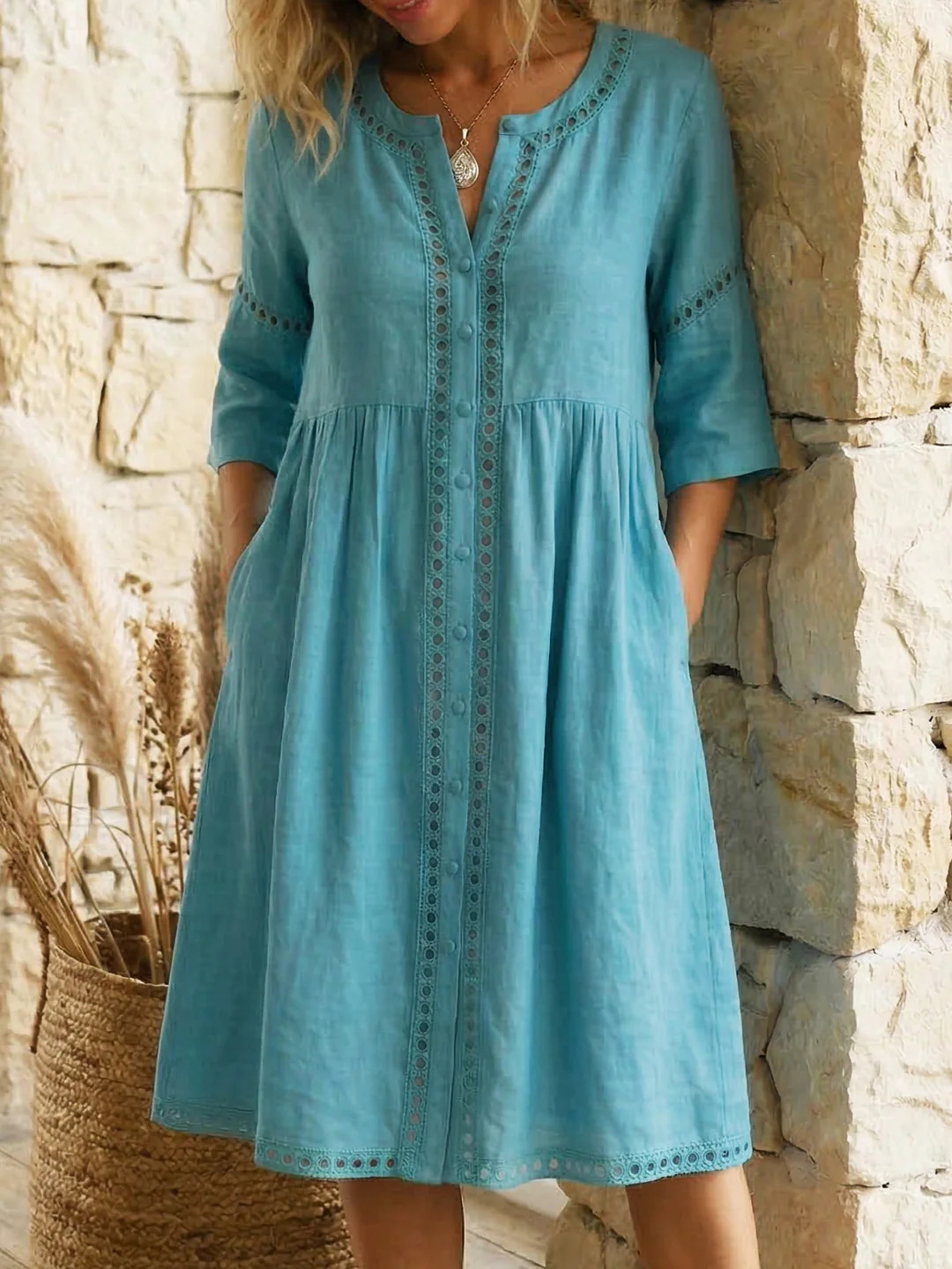 Loose-fitting Linen-cotton Dress With A Buttoned Collar And Lace-trimmed Seams