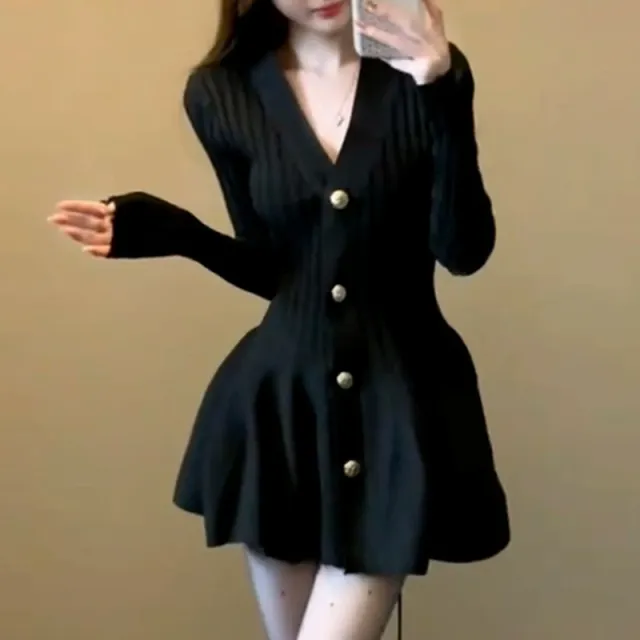 Slim fit V neck Floral Metal Button Wrap Dress Black - Shop at LoveMi