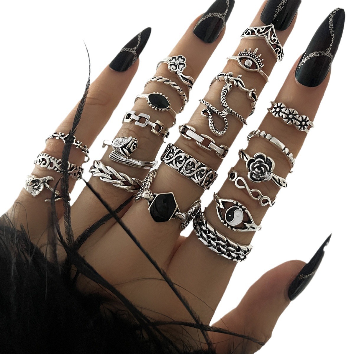 Embossed Flower Snake Ring Taiji Yin And Yang Gossip Ring 22-piece Set