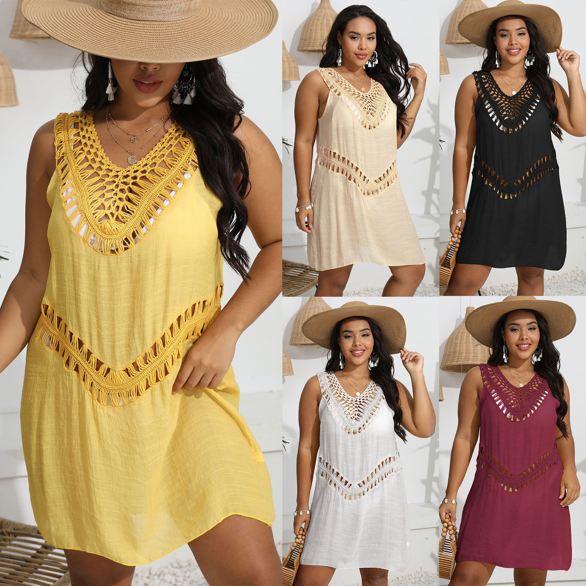 Womens Hand-Crocheted Patchwork Vest Dress Beach Bikini Cover-Up