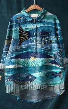 Women's Retro Fish Art Print Lapel Long Sleeve Shirt 3D759 3Xl - Shop at LoveMi