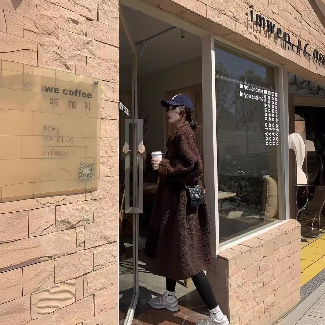 Fashion Korean Style Lamb Wool Brown Women's Coat