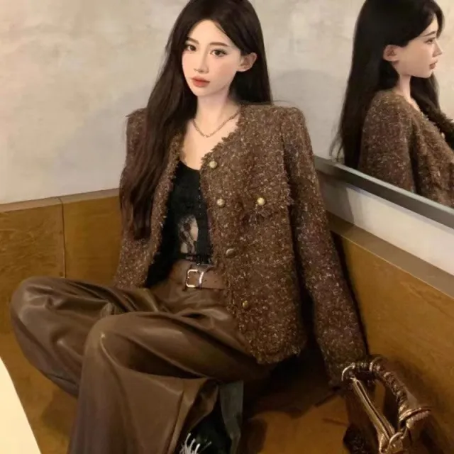 Polyester Women's Tassel Short Cardigan Top Coffee Color - Shop at LoveMi