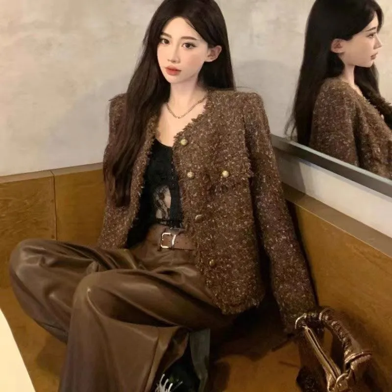 Polyester Women's Tassel Short Cardigan Top - Coffee Color