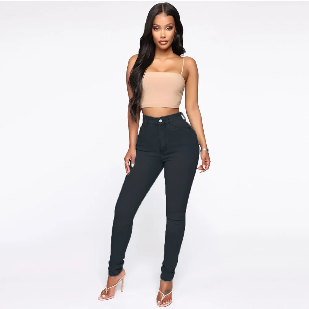 Slimming Jeans Pants For Women High Waist Trousers With Pockets - Black