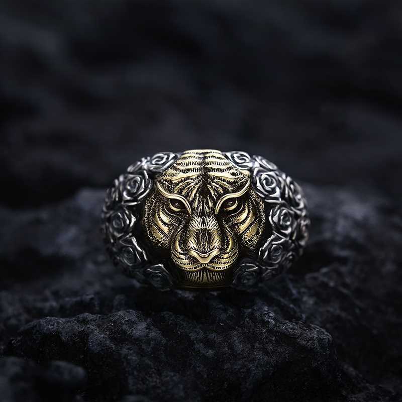 S925 Thai Silver Men's Power Style Personalized Tiger Head Open Ring