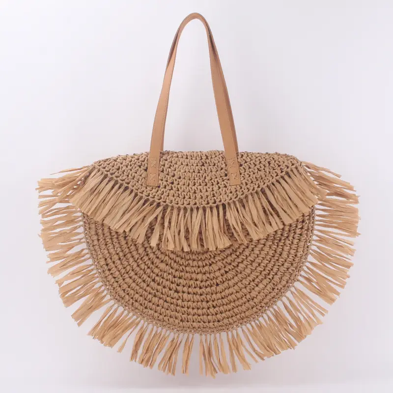New Semi-circular Tassel Straw Shoulder Bag With Tassels And Paper Trim