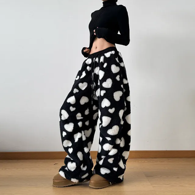 Loose Lamb Wool Polka Dot Female Casual Jogger Pants Black - Shop at LoveMi
