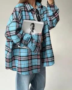 Casual Loose Design Plaid Shirt Women's Clothing - Blue - View 1