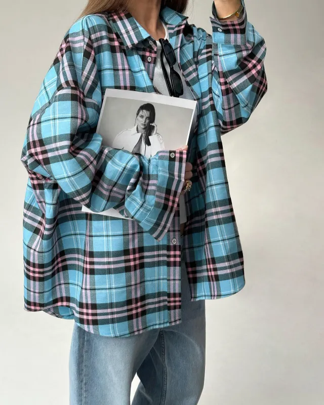 Casual Loose Design Plaid Shirt Women's Clothing Blue - Shop at LoveMi