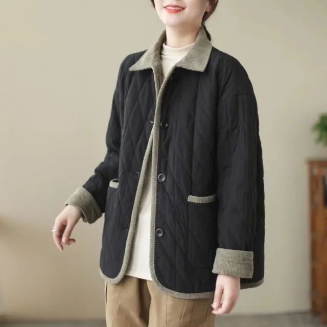 Vintage Collar Cotton padded Clothes Stitching Rhombic Lapel Cotton padded Loose Jacket Black - Shop at LoveMi