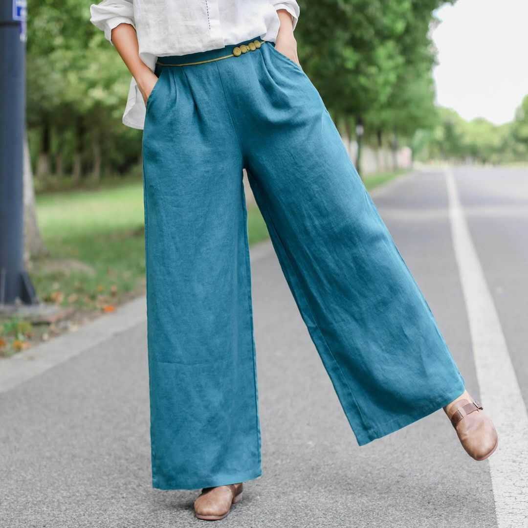 Title 14, Pantalon long en lin taille haute, ample et fin...