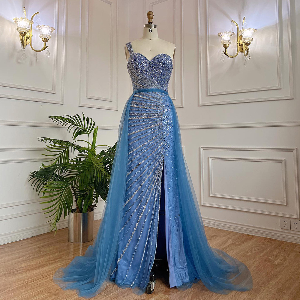 Blue Handmade Beaded Split Shoulder Fishtail Dress - Image 2