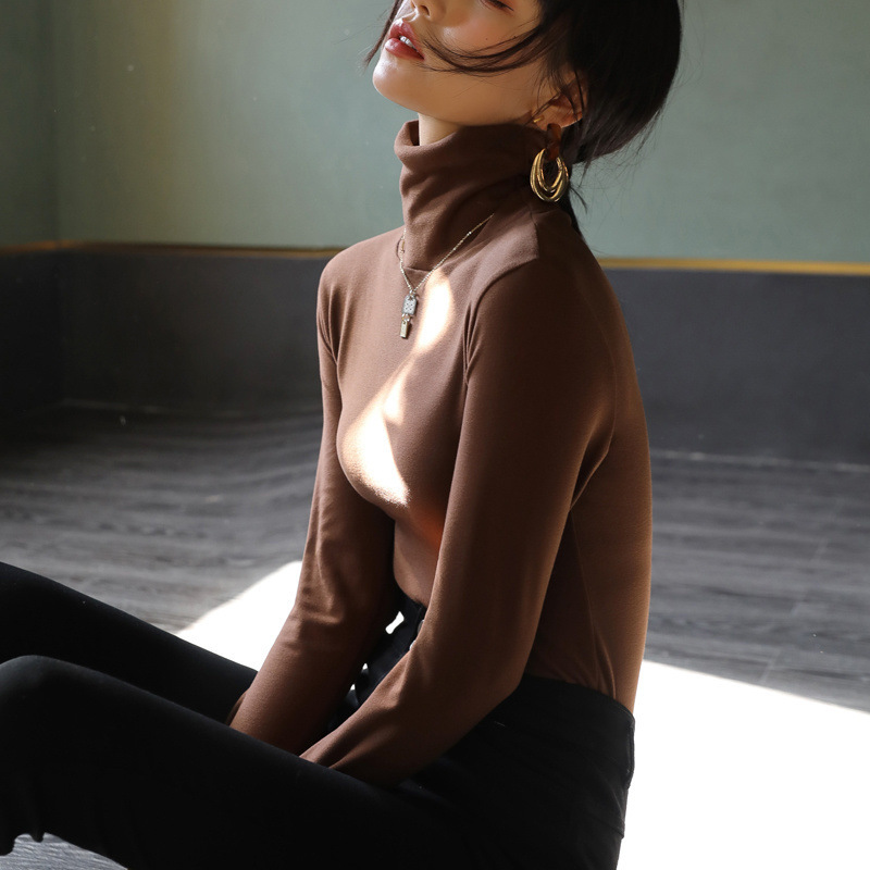 Double sided Dralon Heaps Collar Bottoming Shirt For Women Brown - Shop at LoveMi