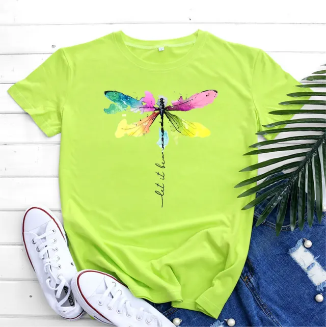 Women's Fashion Casual Dragonfly Printed Round Neck Short Sleeve T shirt Top Green - Shop at LoveMi