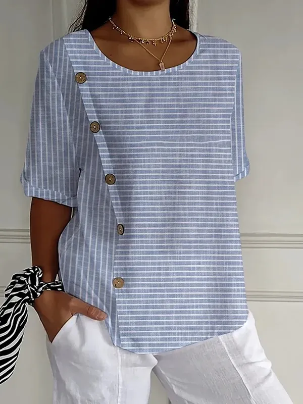 Women's Striped Button Casual Short Sleeve Blue - Shop at LoveMi