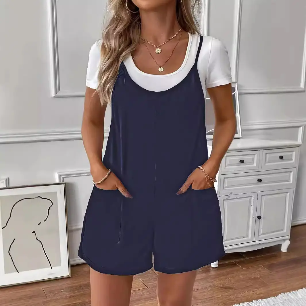 Plus-size Spring Summer Solid-color Pocketed Suspender Loose Casual Jumpsuit For Women