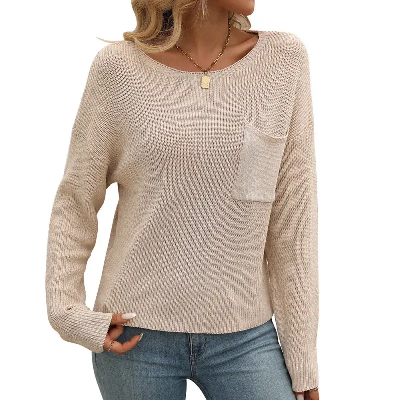 Women's Round Neck Pocket Decorative Top Long Sleeve Sweater