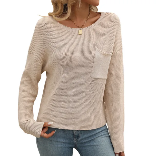 Women's Round Neck Pocket Decorative Top Long Sleeve Sweater Apricot - Shop at LoveMi