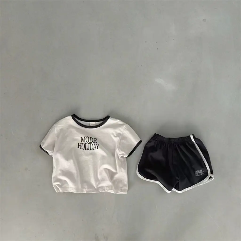 Korean Style Double Row English Pattern Solid Color Suit Short Sleeve Shorts Round Neck 2-piece Set