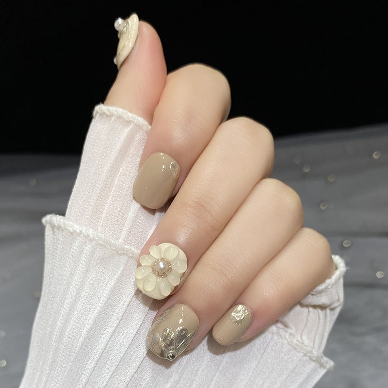 Hand-painted Nail Three-dimensional Flower Milk Tea Color High Sense