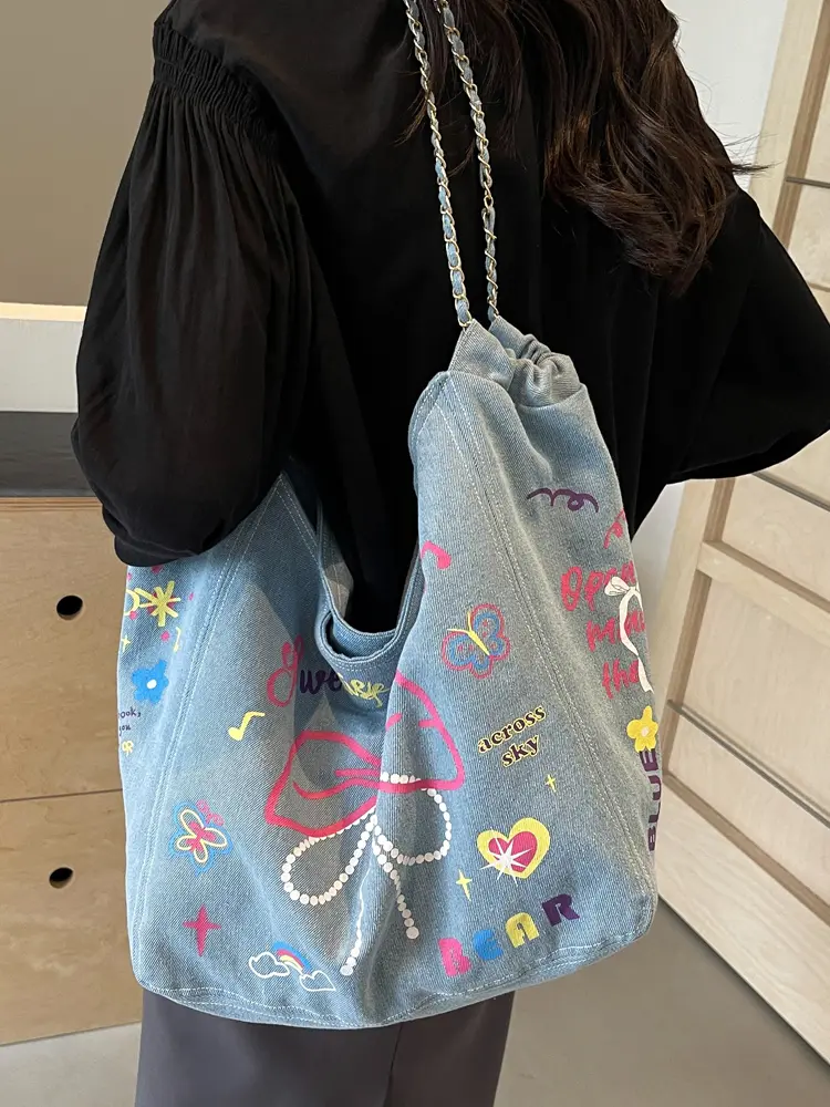 Women's Niche Graffiti Denim Canvas Casual Large Capacity Single Shoulder Bag