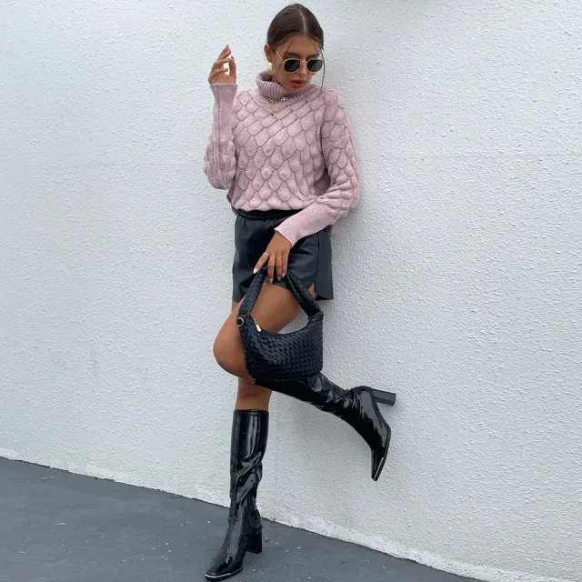 Women's Turtleneck Pullover Rhombus Sweater Solid Color Pink - Shop at LoveMi