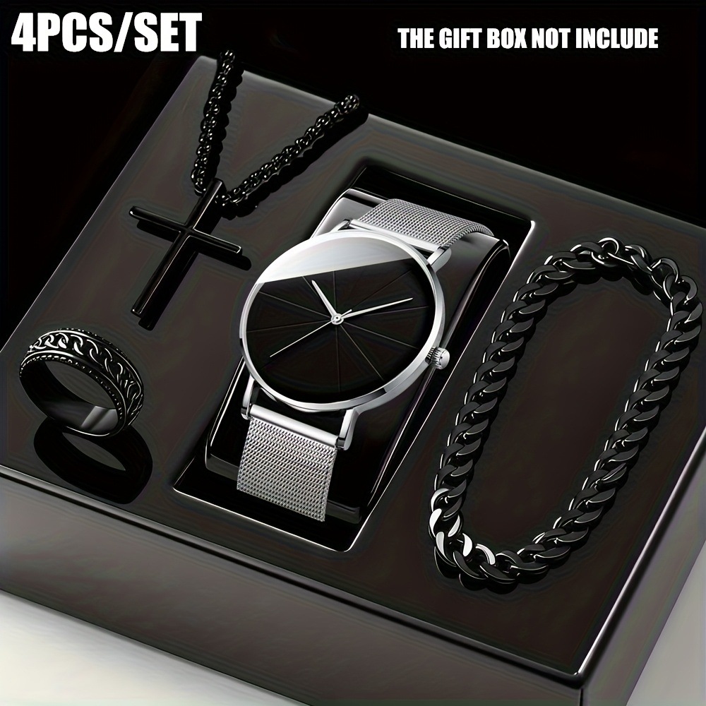 Men's Fashion Watch Ring Necklace Bracelet Set - Stainless Steel Jewelry Collection for Daily Wear 3