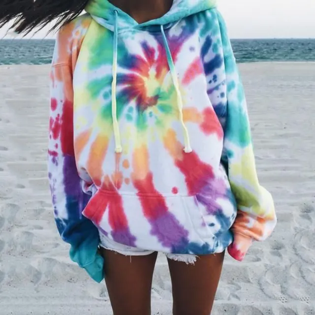 Women's Loose Tie dyed Printed Hooded Long Sleeve Sweatshirt Color - Shop at LoveMi