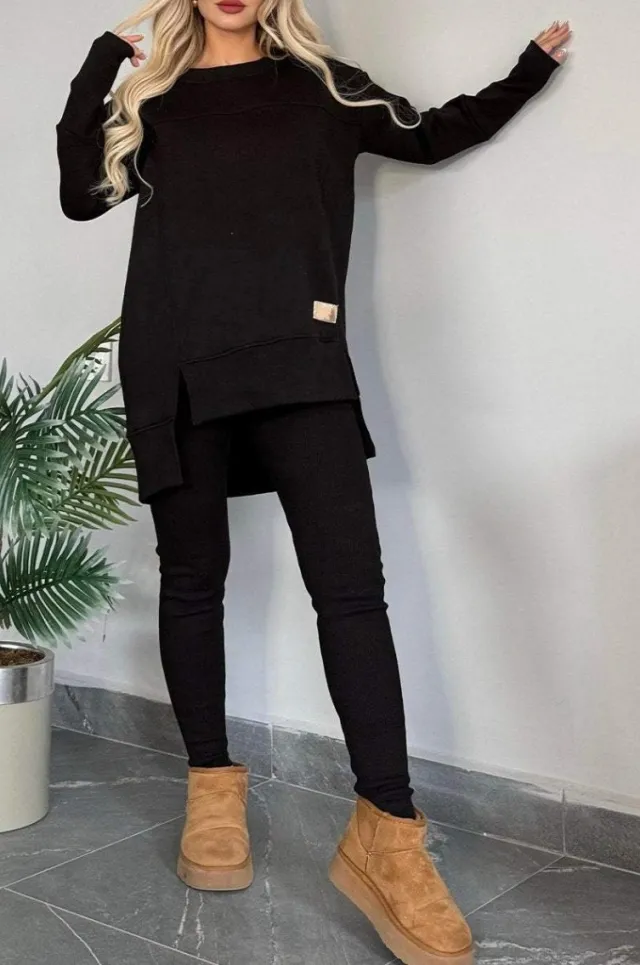 Women's Slit Long Sleeve Top And Trousers Suit Black - Shop at LoveMi
