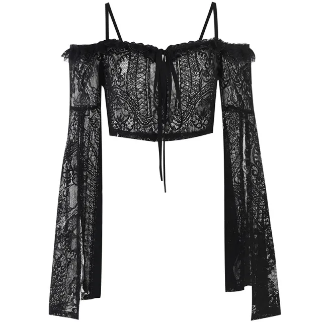 Women's Dark Style Witch Cos Split Sleeve Lace Off shoulder Top Black - Shop at LoveMi