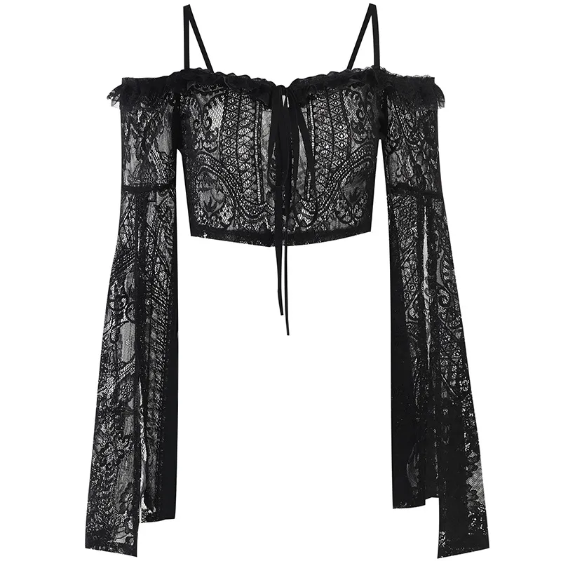 Women's Dark Style Witch Cos Split Sleeve Lace Off-shoulder Top - Black