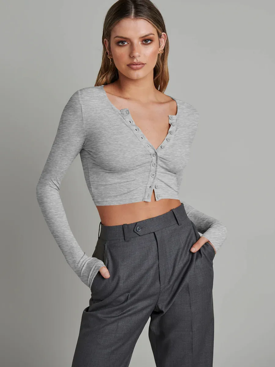 Button Rib Long Sleeve Knitted Cardigan Women's Clothes Cropped Top - Gray