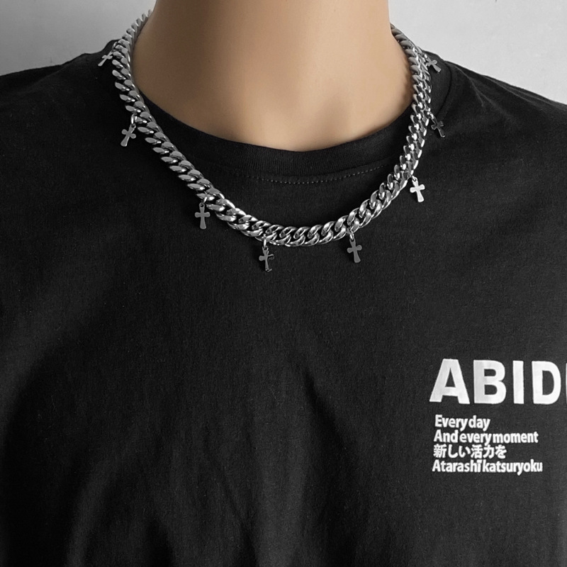 Titanium Steel Ornament Cross Cuban Link Chain Clavicle Necklace
