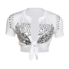 Women's Letter Digital Printed Low-cut Lace-up T-shirt - White - View 1