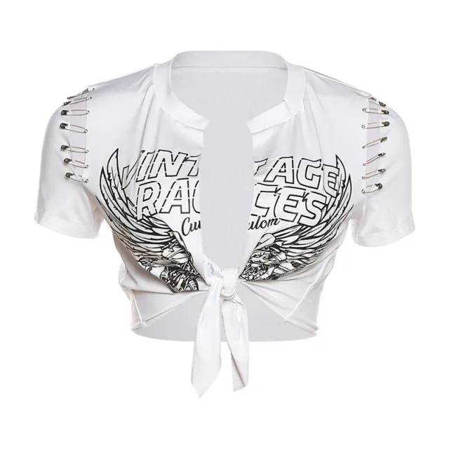 Women's Letter Digital Printed Low cut Lace up T shirt White - Shop at LoveMi