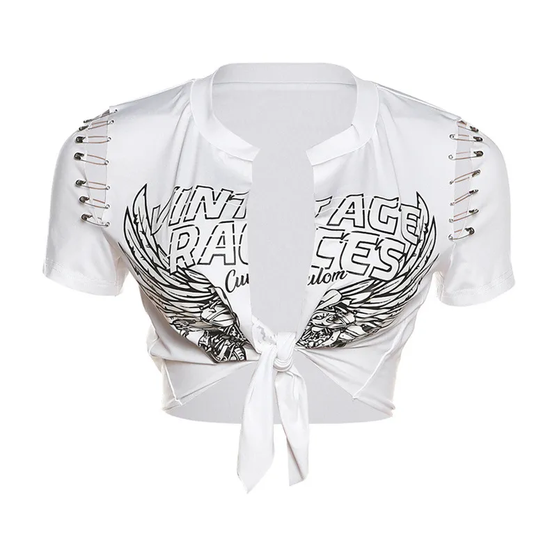 Women's Letter Digital Printed Low-cut Lace-up T-shirt - White