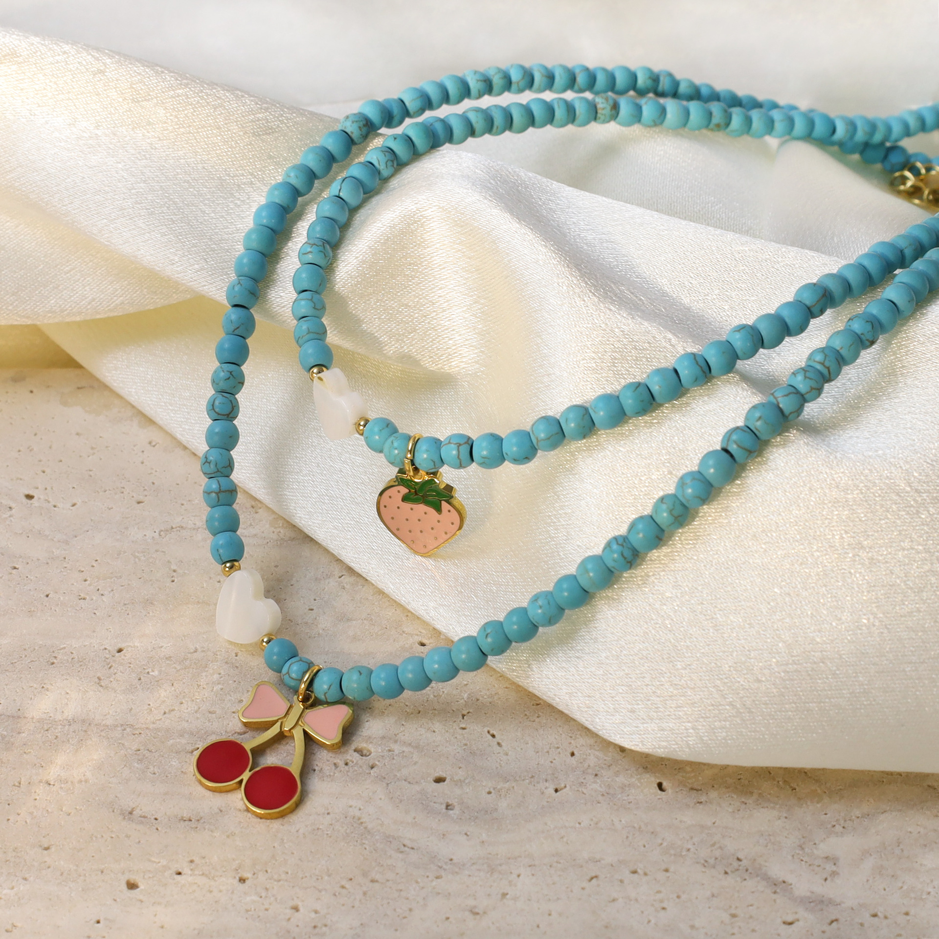 Turquoise Womens Cherry And Strawberry Pendant Beaded Clavicle Necklace