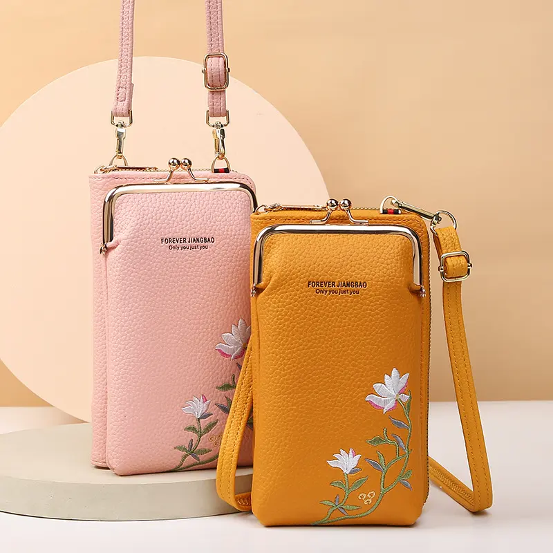 Flower Embroidery Phone Bag with Lock Buckle Outdoor Long