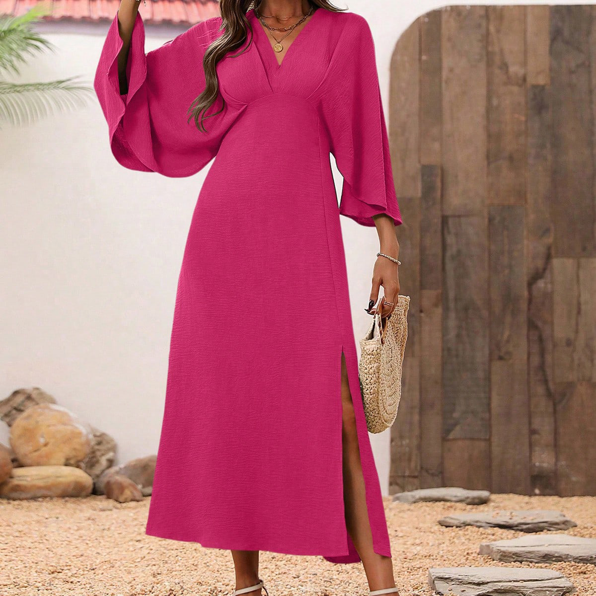 Summer Women's Pure Color Split V neck Mid length Long Sleeve Loose Dress Rose - Shop at LoveMi