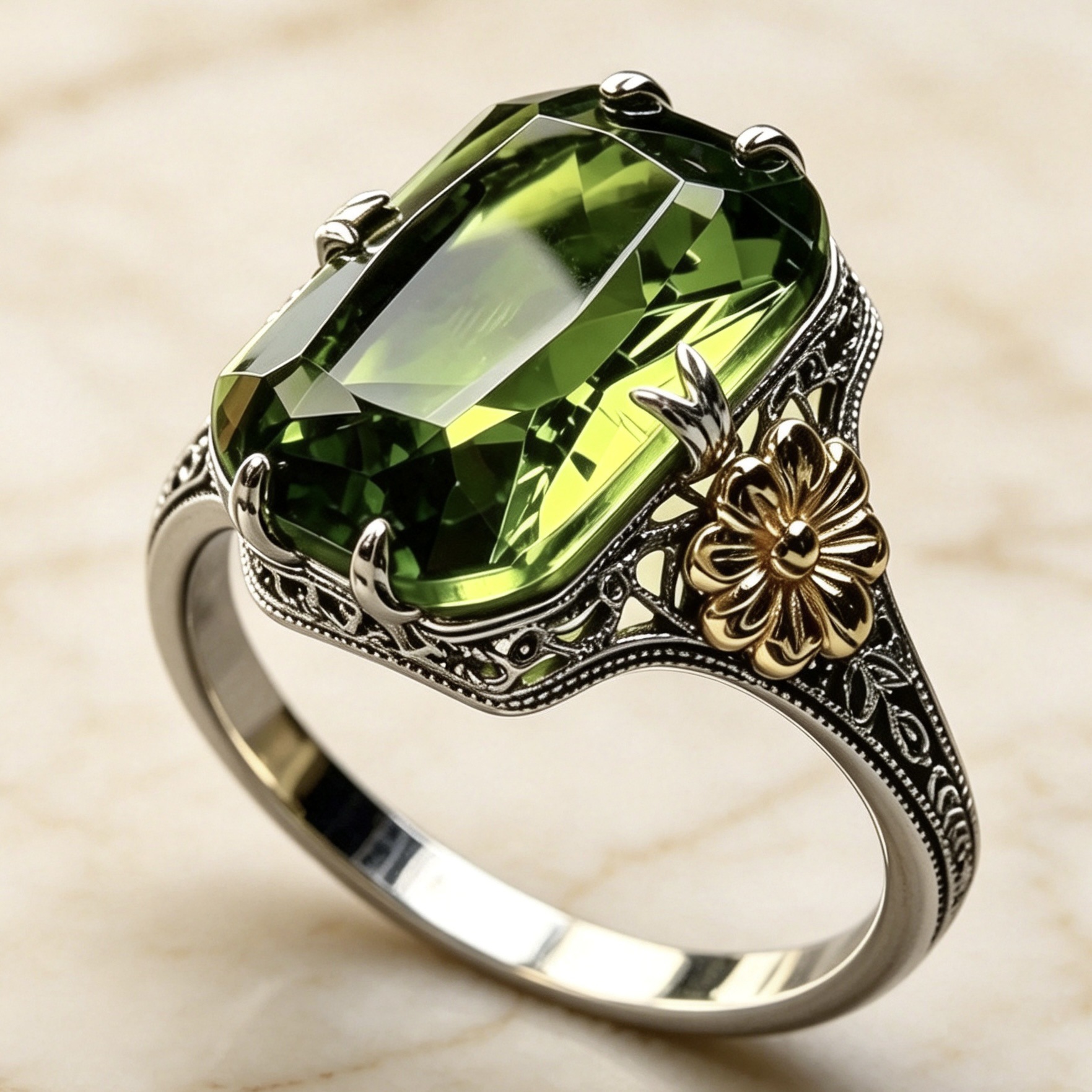 Women Green Topaz Sunflower Ring