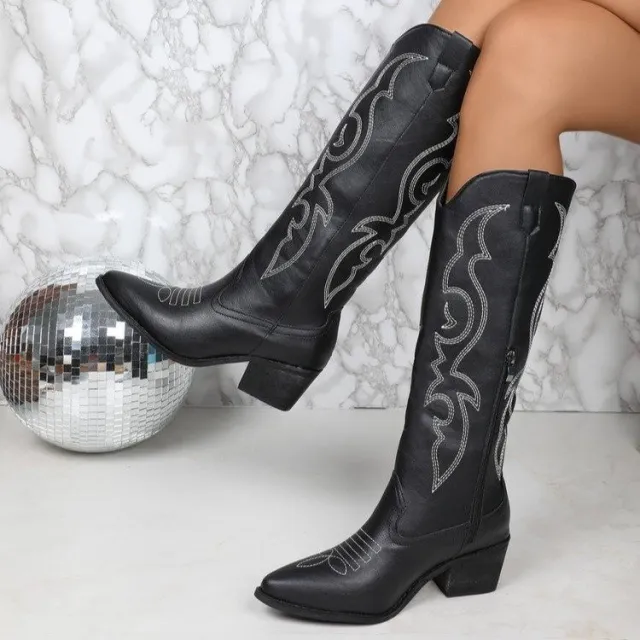 Fashion Western Embroidery High Tube Pointed toe Boots Black - Shop at LoveMi